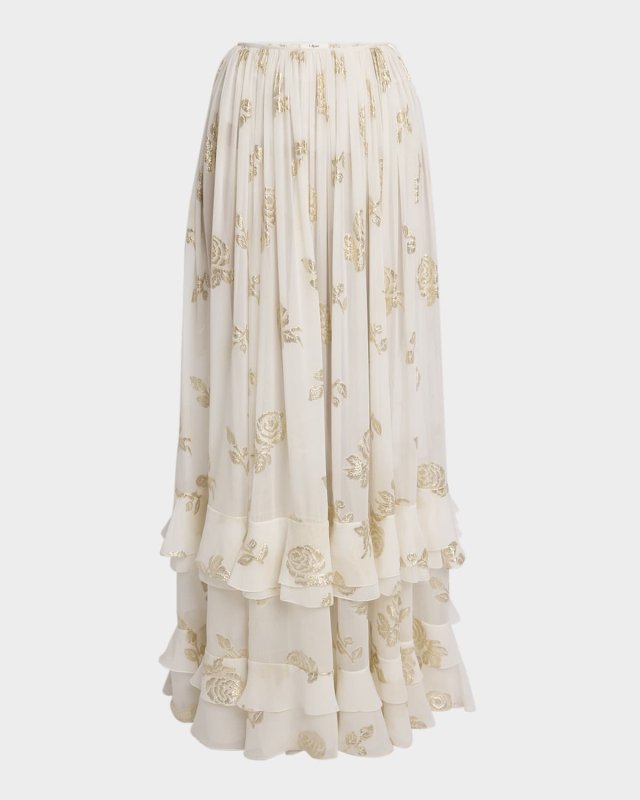 Metallic Floral Silk Tiered-Ruffle Maxi Skirt